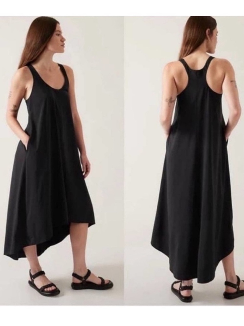 Athleta Presidio Dress Black High Low Hem Sleeveless Activewear Maxi Pockets-1X